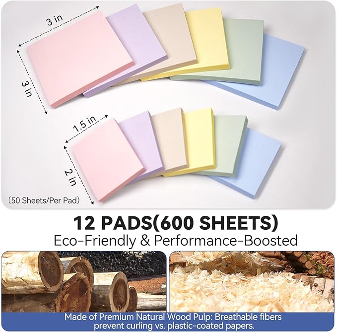 Sticky Notes 3x3in + 2x1.5in Small Sticky Note, 12 Pack 6 Colors Self-Sticky Note Pads | Sticks Strong & Removes Clean | Recycled Paper Cute Sticky Notes to School Supplies, Office Products-DeskLoop Office