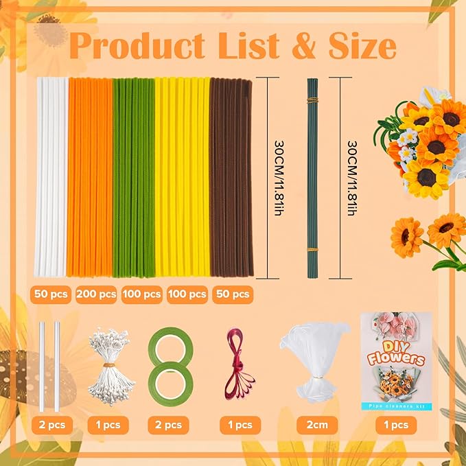 500 PCS Pipe Cleaners Craft Kit for Flower Making Sunflower DIY Material Bundle with 20 Stems, 100 Stamens, Ribbon, Tulle, Glue Sticks & Step-by-Step Guide Vibrant Colors, Non Shedding, FadeResistant-DeskLoop Office