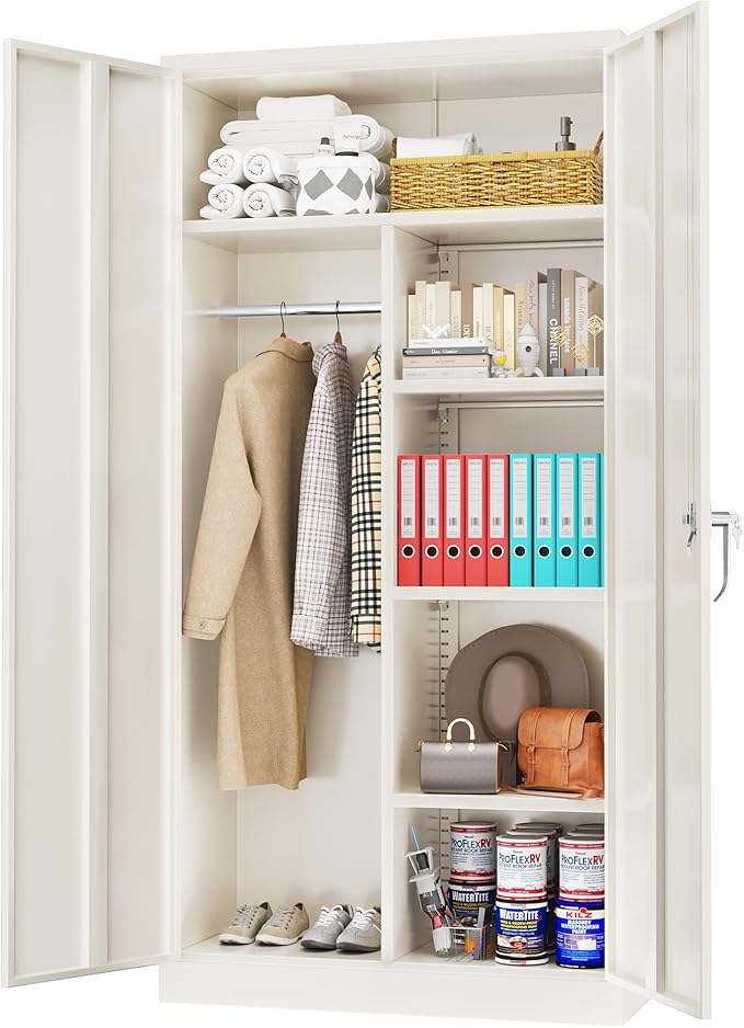 Greenvelly Metal Storage Cabinet with 2 Doors, Grey 72” Steel Storage Wardrobe Cabinet, Employees Locker Closet Clothing Coat Steel Wardrobe Cabinet with Hanging Rod for Garage, Gym, Home Office-DeskLoop Office
