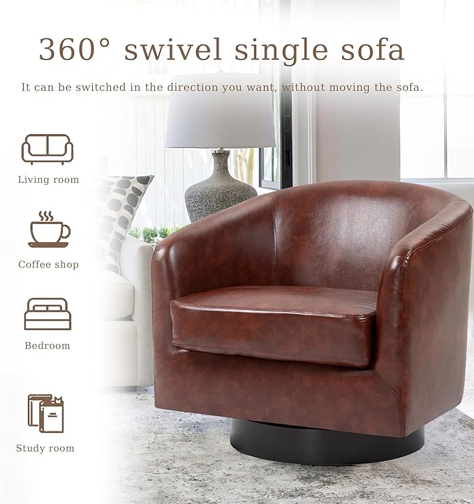 UIXE Faux Leather Swivel Accent Chairs Set of 2, Modern Upholstered Barrel Chairs for Living Room, Comfy Round Armchair Single Sofa Bedroom Reading Seat - 31" W, Red Brown-DeskLoop Office