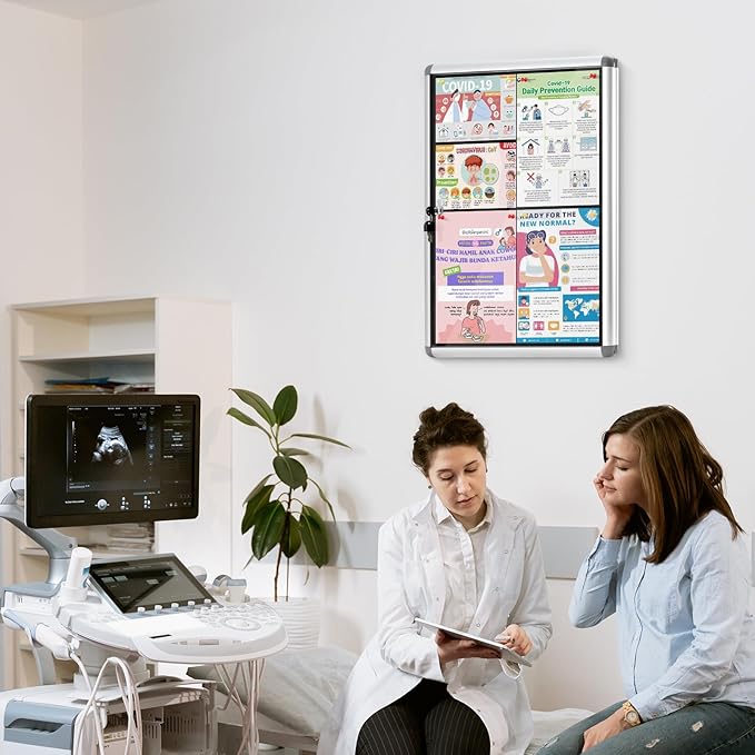 Enclosed Bulletin Board Lockable Display Case Message Board with Locking Door for Indoor, Black Felt, Silver Aluminum Frame, 26x20inch(4XA4)-DeskLoop Office