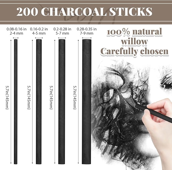 Gueevin 200 Pcs Willow Charcoal Sticks, Willow Charcoal, Artists, Beginners, Students, Perfect for Sketching, Drawing, Shading, and Fine Art (2-4mm,4-5mm,5-7mm,7-9mm)-DeskLoop Office