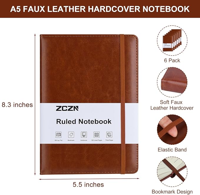 ZCZN Lined Journal Notebooks for Work, 5.5x8.3 in, 192 Pages, Hardcover Leather - Image 2