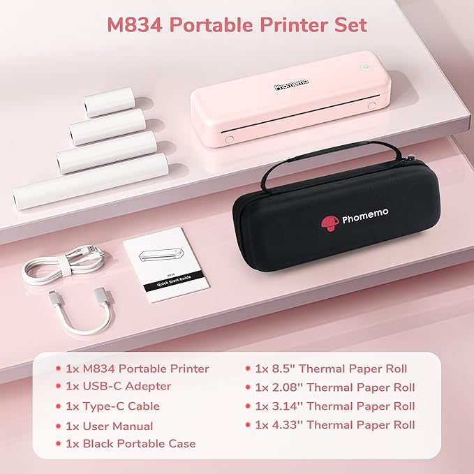 Phomemo Portable Printers Wireless for Travel Upgraded,M834 Bluetooth Thermal Printer 8.5" x 11"& A4 Size,Inkless Mobile Printer with Carry Case for Travel,Office,School,Car,Home,Pink-DeskLoop Office