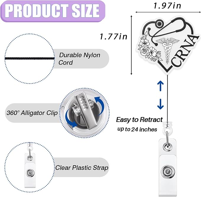 Elegant CRNA Badge Reel Retractable, Cute Certified Registered Nurse - Image 2
