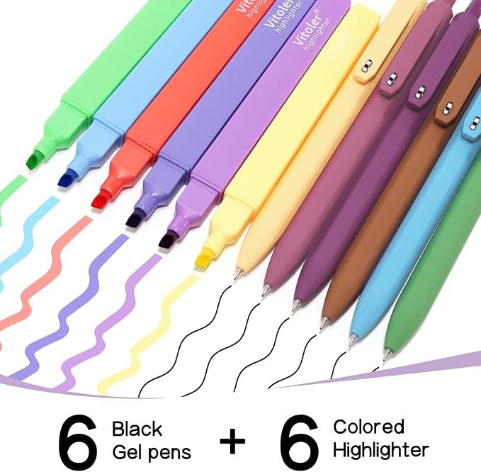 Vitoler Aesthetic Highlighters and 0.5mm Black Gel Pens，12 Pack | Assorted - Image 2