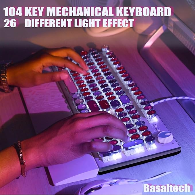 Basaltech Pink Keyboard Typewriter Style with White LED Backlight,Vintage Mechanical Gaming Keyboards with Lipstick Round Keycaps, Blue Switches 104-Keys Wired Keyboard Metal Panel for Laptop/pc-DeskLoop Office