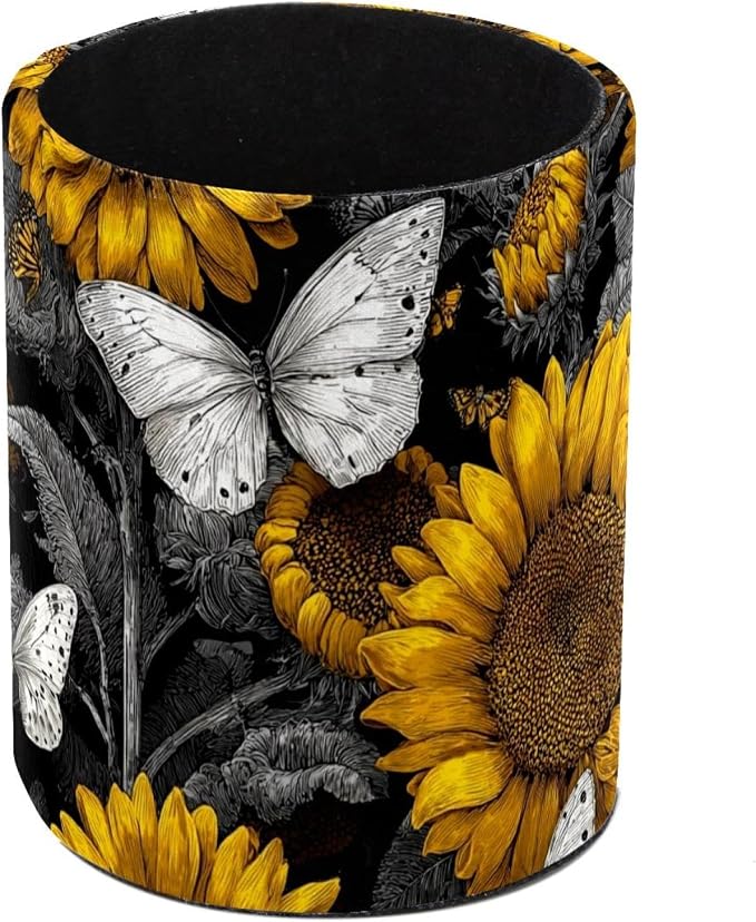 Leather Pen Holder for Desk Sunflower Butterfly Pencil Cup Desktop Organizer by Unknown