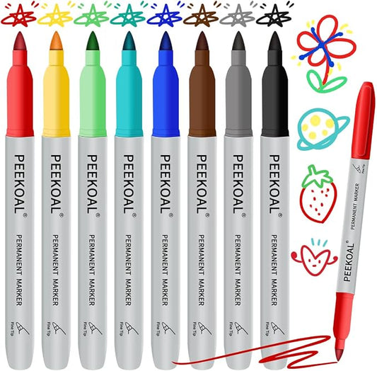 8 Pack Assorted Colors Permanent Markers, Fine Tip Colored Markers Pens by ExcellentPens