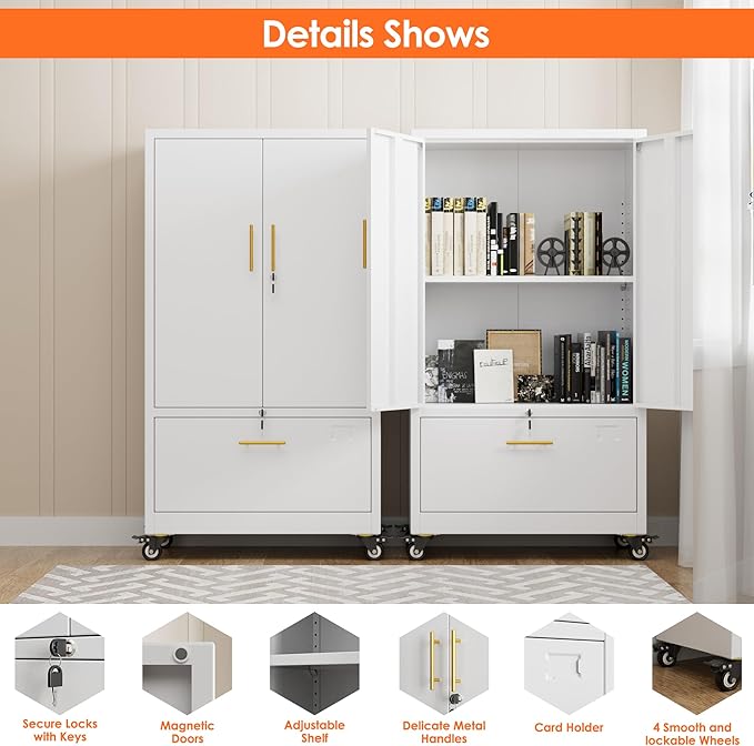 Aobabo Metal 1 Drawer Office File Cabinet with Lock and 2 Doors, Office Steel Files Cabinet with Wheels, Legal/Letter A4 Size, Assembly Required, White-DeskLoop Office