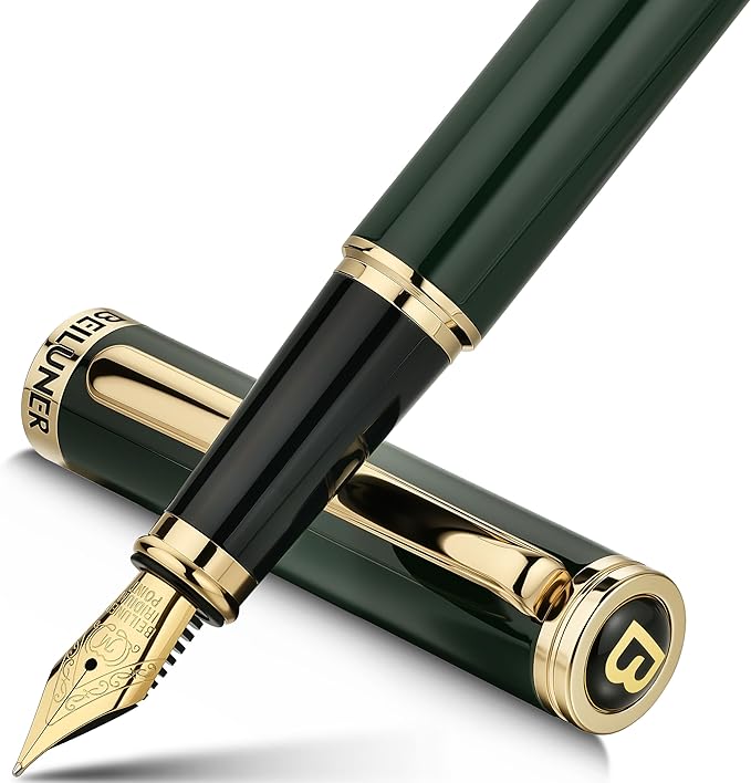 BEILUNER British Racing Green Fountain Pen,Stunning Luxury Pens with 24K Gold Accents, Gorgeous 24K Gilded Nib(Medium), Ink Converter, Pen Gift for Men&Women-Elegant, Reliable,Fancy for Writing-DeskLoop Office