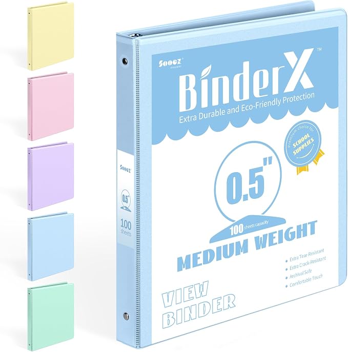 BinderX Extra Durable 3 Ring Binder, Round Rings 0.5 Inch Binder, Fits 100 by Sooez