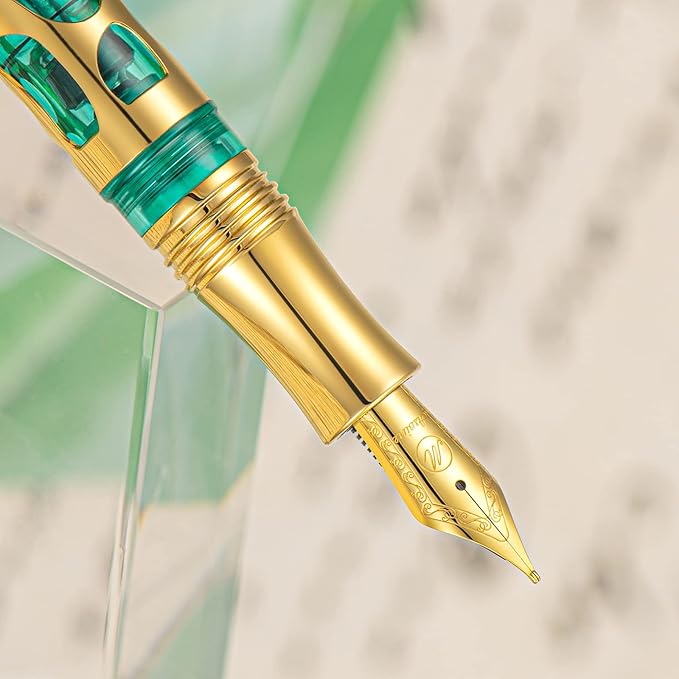Asvine V169 Vacuum Filling Fountain Pen Iridium Medium Nib, Water Drop Skeleton Gold Trim Transparent Green Acrylic Pen Case Set
