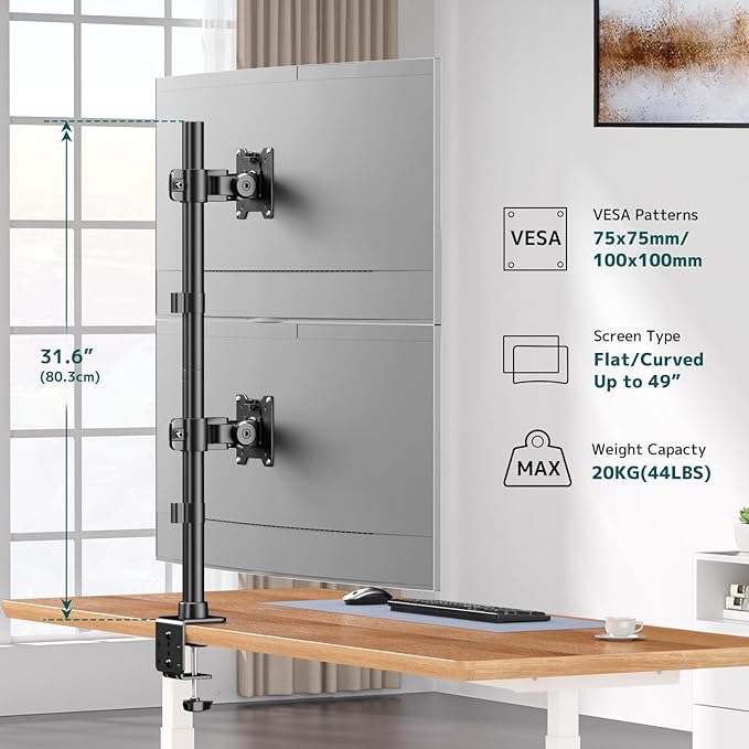 Dual Vertically Stacked Ultrawide Monitor Desk Mount 17-49 Inch - Extra Tall Heavy Duty Adjustable Monitor Arm for 2 monitores,Weight 2-20 kg per Arm,VESA 75/100 mm-DeskLoop Office
