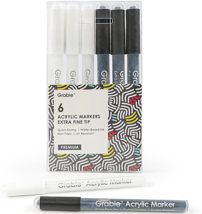 Grabie Black & White Extra Fine Tip Acrylic Paint Marker Set, 6 Pack, 0.7mm Acrylic Paint Pens for Highlights and Fine Details on Drawings, Rock Painting Glass Canvas Wood, White Highlight Markers-DeskLoop Office