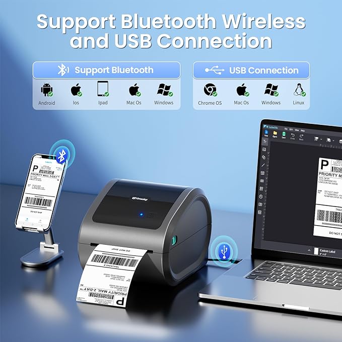 Bluetooth Thermal Label Printer 4x6 - D520BT Thermal Shipping Label Printer for Small Business, Wireless Label Printer with Built-in Label Holder, Compatible with USPS, Shopify-DeskLoop Office