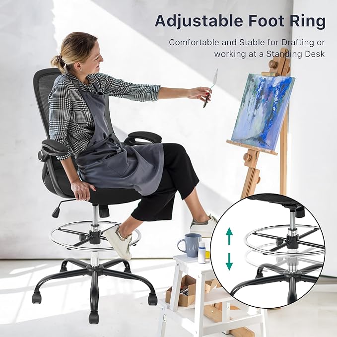 HYLONE Drafting Chair Tall Office Chair High-Back Mesh Standing Desk Stool with Adjustable Footrest Ring and Flip-Up Arms (Black)-DeskLoop Office