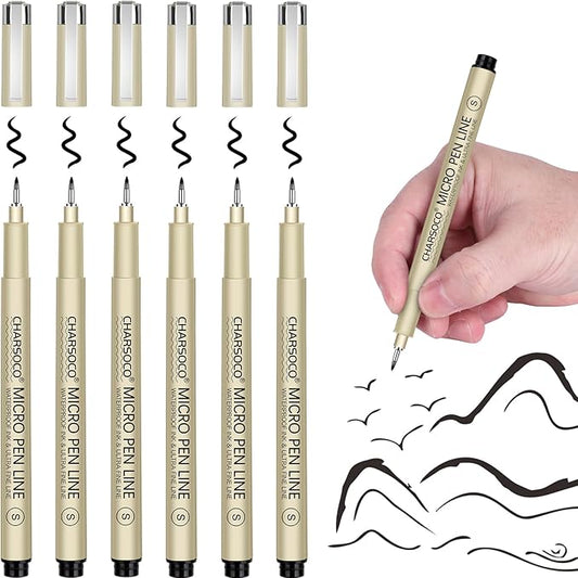 S Micro Pen, 6 Pack Black Fine Point Pen with Waterproof Archival Ink, 2mm Fineliner Ink Pens for Artist Illustration, Sketching, Anime, Manga, Technical Drawing and Scrapbooking-DeskLoop Office