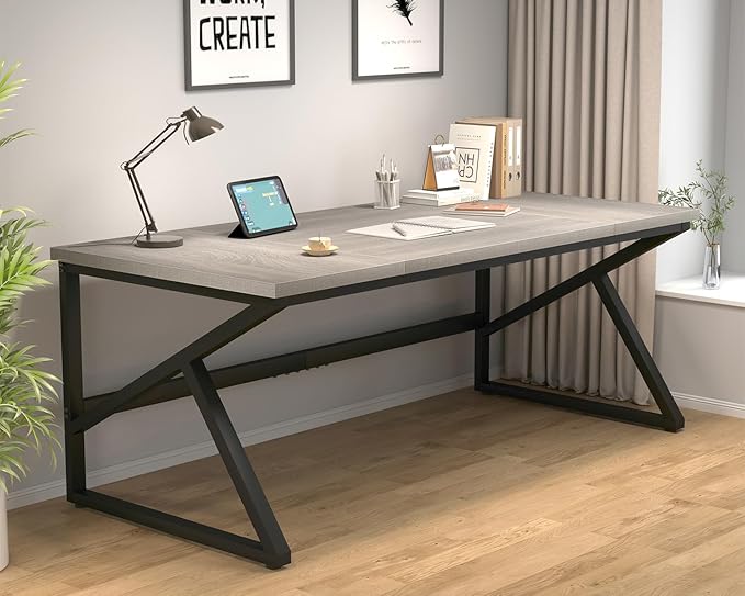 HSH 70 Inch Long Grey Desk, Large Home Office Computer Desk for 2 People, Industrial Wood and Metal Executive Work Writing Study Gaming Desk Table, Modern Bedroom Simple PC Laptop Desk Double Desk-DeskLoop Office