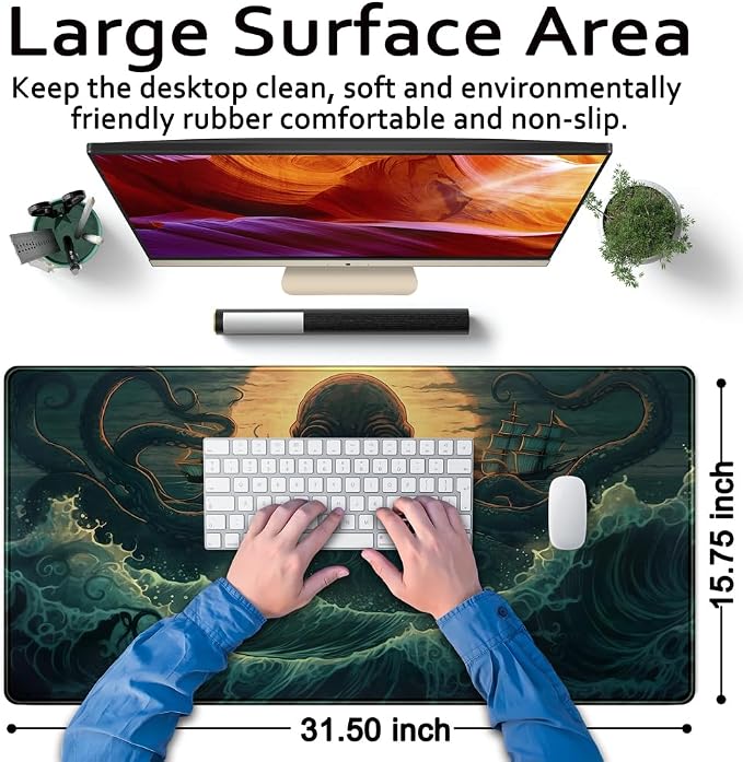 Octopus Anime Desk Pad Ocean Large Mouse Pad Gaming, Extended Kanagawa Desk Mat - Image 6