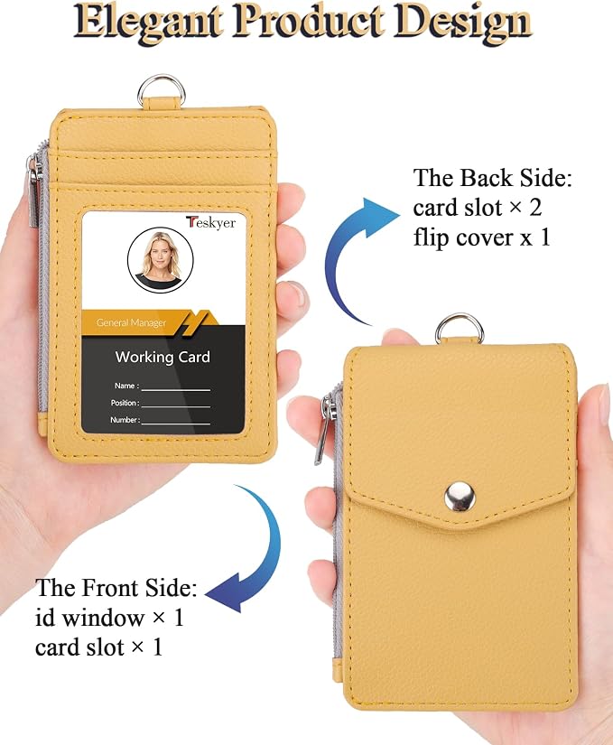 Teskyer ID Badge Holder with Lanyard, Lanyard Wallet, Lychee Yellow | 4-Card - Image 3