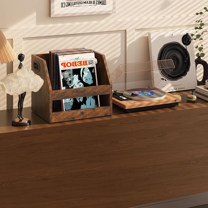 YMYNY Vinyl Record Storage Holder, Rustic Brown, 14.96*11.42*11.42" HCD001H | - Image 2