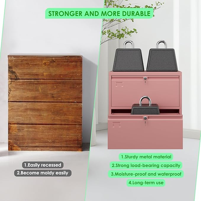 Metal 2 Drawer Lateral File Cabinet with 2 Lock - Wide Filing Cabinet for Letter/Legal/F4/A4 Hanging Files - Includes Business Card Holder,Home Office School Storage,Pink-DeskLoop Office