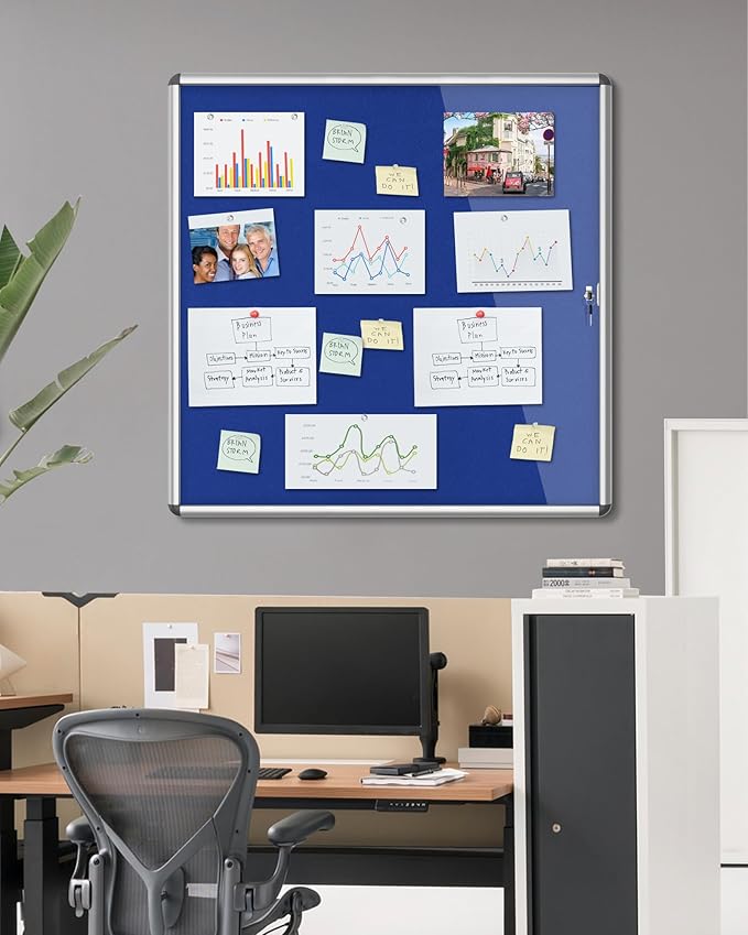 38"x38" Enclosed Bulletin Board, Lockable Weather-Resistant Aluminum Cork Noticeboard for School & Office, Silver Frame w/Blue Flet-DeskLoop Office