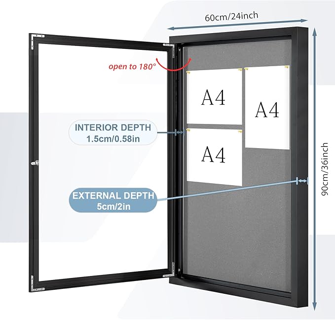 Enclosed Bulletin Board Outdoor Noticeboard with Locking Door, Weather-Resistant, Grey Felt, Black Aluminum Frame, 36 x 24 in-DeskLoop Office