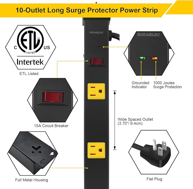 SURAIELEC 10 Outlet Long Power Strip Surge Protector, Industrial Heavy Duty Metal Shop Power Strip with Flat Plug, 1000 Joules, 15 AMP Breaker, 6FT Cord, Wall Mountable, for Work Bench, Shop, Garage-DeskLoop Office