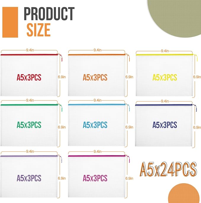 24pcs Mesh Zipper Pouch File Bags Puzzle Storage Bags, A5 Size 9.4 x 6.9 Inches - Image 2
