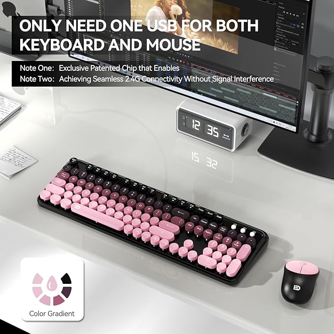 FD Wireless Keyboard and Mouse Combo - 2.4G Full-Sized Cute Colorful Mouse and Keyboard with 104 Round Keys Retro Typewriter Keyboards for Laptop/Windows/PC - Pink Gradient-DeskLoop Office