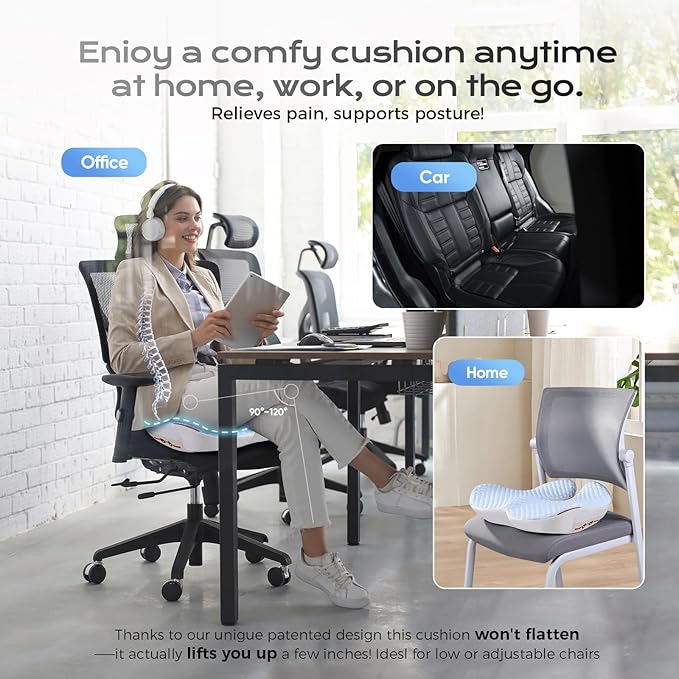 Seat Cushion for Tailbone Pain Relief X-Large ,Ergonomic Office Chair Cushions for Butt Hip Lower Back & Sciatica Pain Relief Pillow,Pressure Relief Seat Cushion for Long Sitting, Car & Plane（Blue)-DeskLoop Office