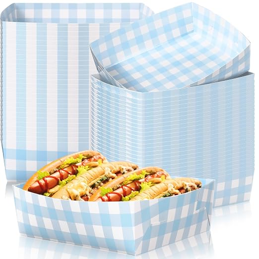 Suclain 48 Pack Light Blue and White Gingham Paper Trays 5 lb Grease Resistant by Suclain