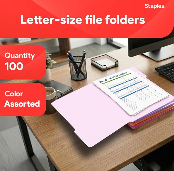 Staples File Folders, Letter Size, 1/3‑Cut Tabs, Durable 10.5‑Point Paper Stock - Image 2