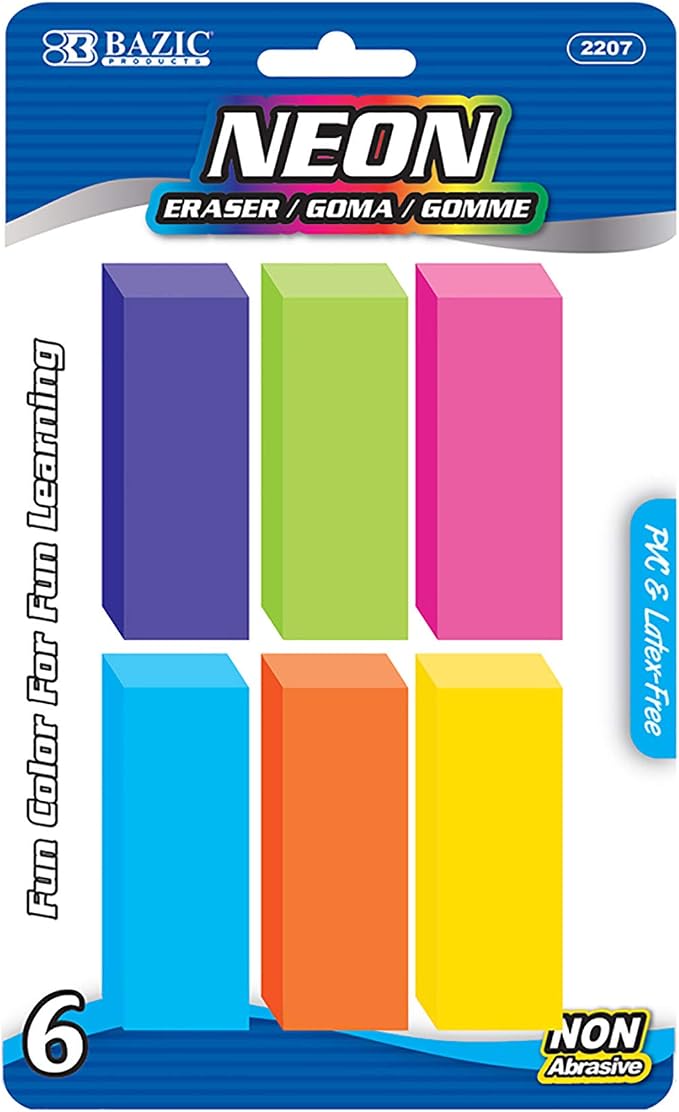BAZIC Neon Bevel Eraser | soft latex-free, neon beveled block erasers, PVC-free by BAZICProducts