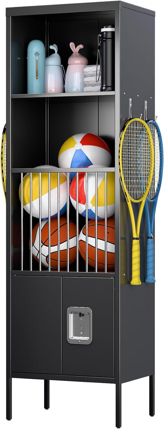 Aobabo 72" H Metal Storage Locker for Gym, for Stores Sports Gear Footballs, Rugby Balls and Tennis, Open Storage Locker with Hooks for School, Gym, Black, Assembly Required-DeskLoop Office