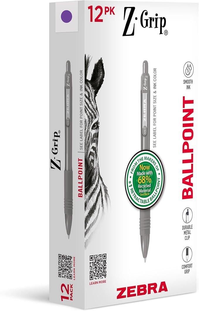 Zebra Pen Z-Grip Recycled Retractable Ballpoint Pens, Durable Metal Clip by ZebraPen