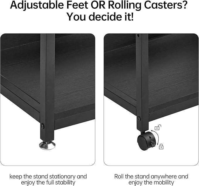 Printer Stand with Adjustable Shelf, 4 Tier Large Tall Printer Table with Wheels for Home Office Storage and Organization, Rolling Stand Cart for Computer Tower CPU Shredder, Black-DeskLoop Office