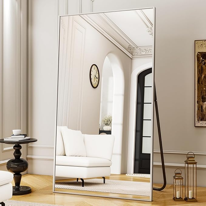 Full Length Mirror with Stand 38"x77" Full Body Mirror Floor Mirror Standing Hanging or Leaning Wall, Wall Mirror with Stand Aluminum Alloy Frame for Living Room Bedroom Cloakroom,Silver-DeskLoop Office