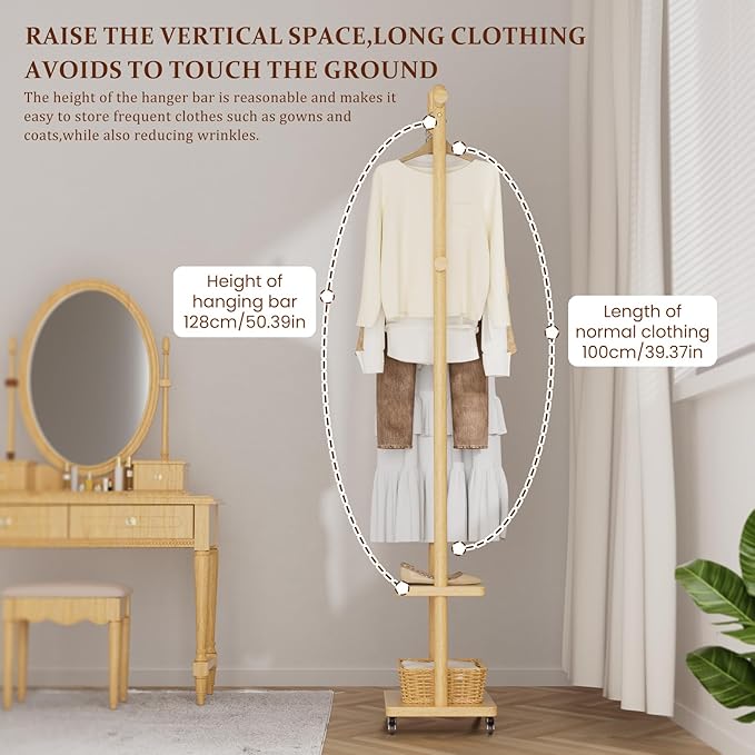 Coat Rack Freestanding Clothing Rack with Wheels & 2 Shelves Storage & 5 Hooks Heavy Duty Clothes Rack Wood Coat Tree Stand Hat Hanger Rack for Corner Bedroom Entryway Living Room Hotel-DeskLoop Office