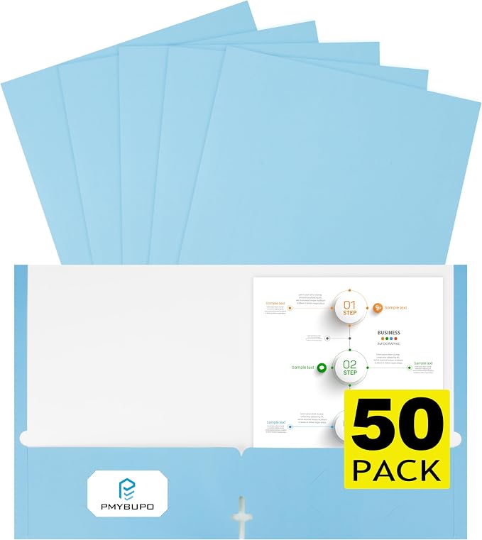pmybupo Blue Folders with Pockets 50 Pack Pastel Colors, 2 Pocket Folders Fit by pmybupo