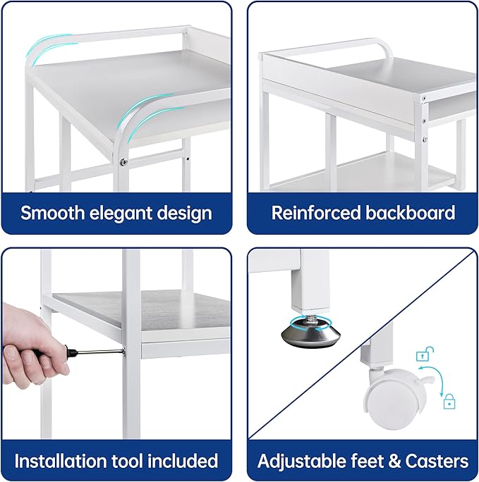 Large Printer Stand Table with Storage Shelf for Host Computer, PC Tower, CPU and Shredder, 3 Tier Rolling Printer Cart with Wheels for Home Office Storage and Organization - White-DeskLoop Office