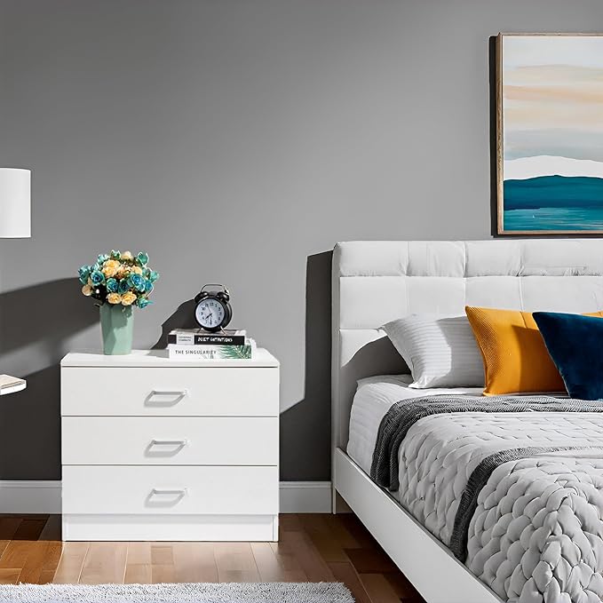 Karl home White 3 Drawer Dresser for Bedroom, Small Nightstand Modern Storage Chest of Drawer Wooden Side Table End Table for Bedroom, Living Room, Reception Room-DeskLoop Office