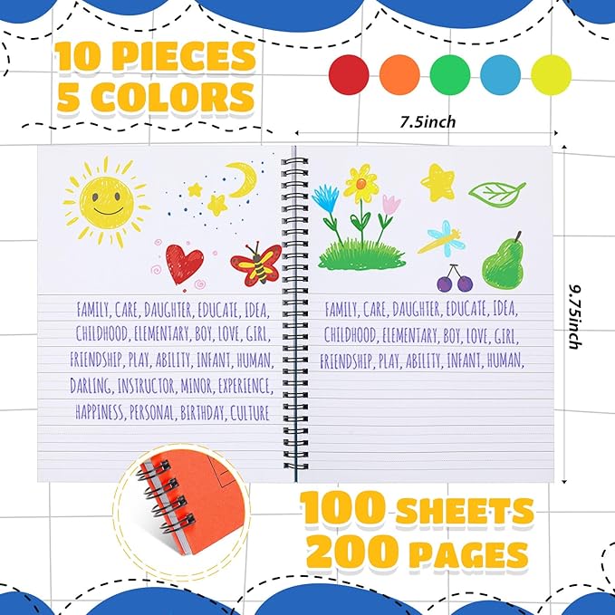 Henoyso 10 Pcs 100/50 Sheets Primary Composition Notebook K-2 Bulk Spiral Primary Journal Drawing Handwriting Practice for Kids Kindergarten 1st 2nd Back to School Supplies (Bright Color,100 Sheets)-DeskLoop Office