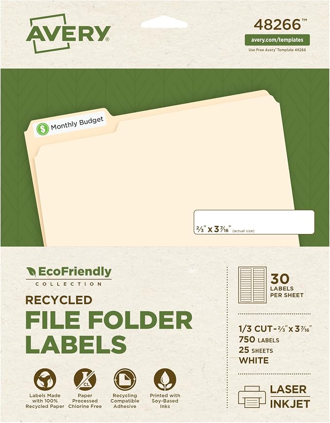 Avery EcoFriendly Recycled File Folder Labels, 2/3" x 3-7/16", Permanent Label by Avery