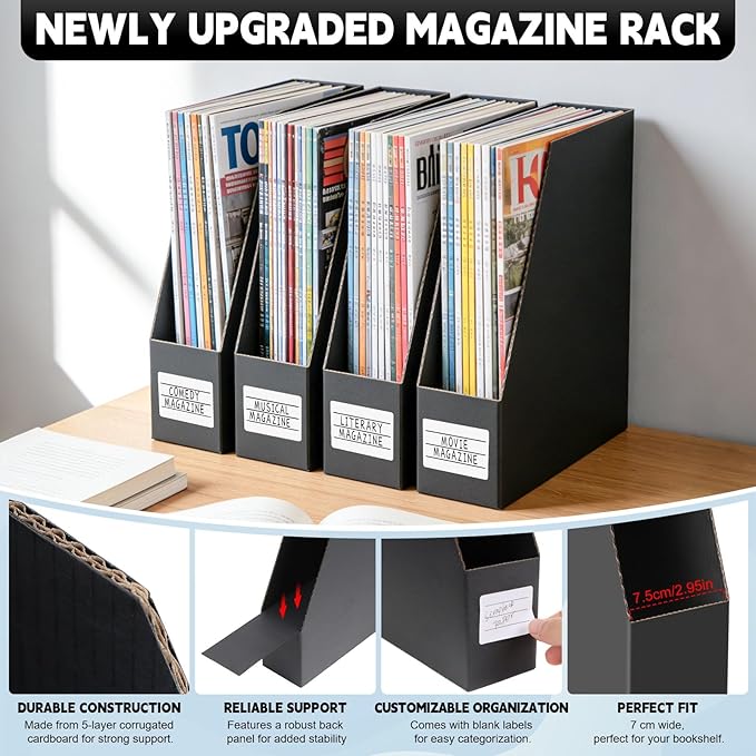 YOTINO Black Magazine Holder, 6 Pack Cardboard Magazine File Holders, Vertical - Image 3