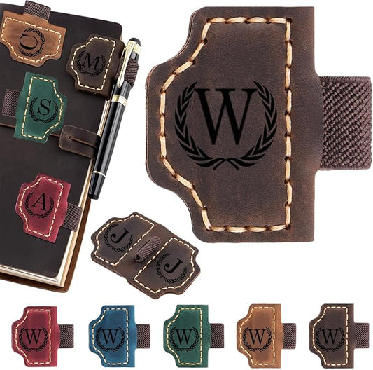 Artlaza Personalized Magnetic Leather Bookmark with Pen Holder - 26 Letters Custom Book Mark with Name Initial Engraved Book Marker for Readers, Book Lovers, Travelers - Gift for Women & Men(Brown，W