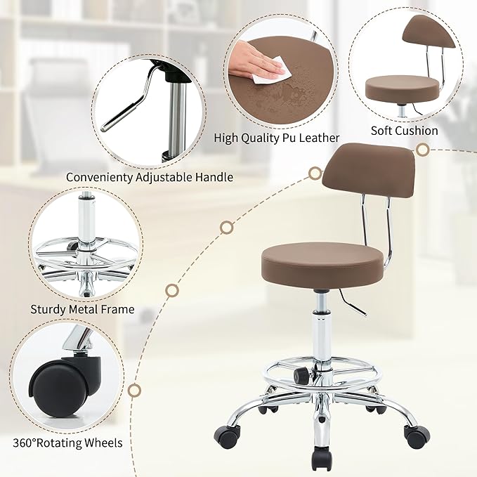 Salon Rolling Chair, Adjustable Stool with Footrest and Back 19.5’’-26.6’’,Coffee Brown Massage Stools with Wheels (Coffee Brown)-DeskLoop Office