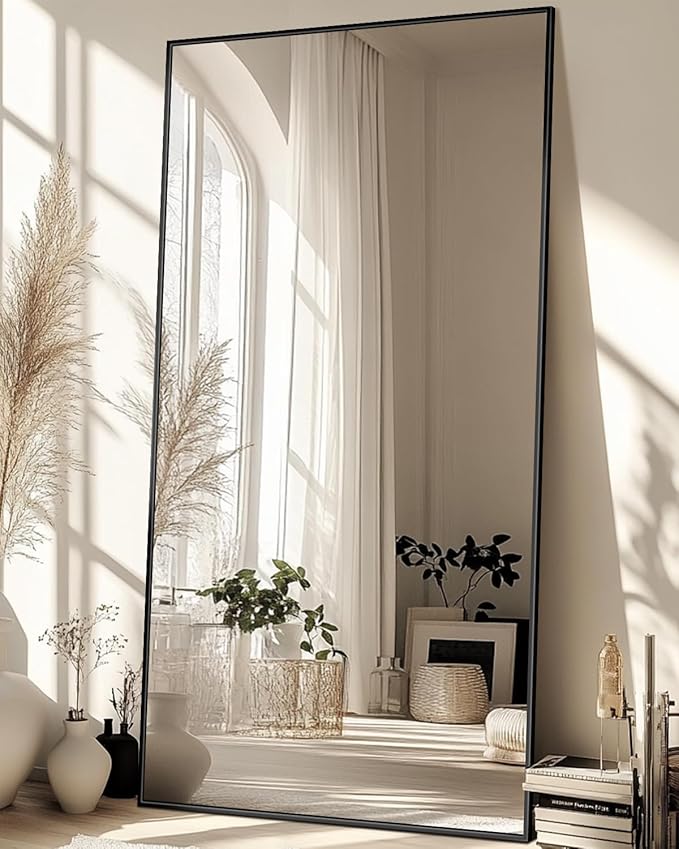 Full-Length Floor Mirror with Stand, 76"x34" Rectangle Style Full Body Standing Mirror for Bedroom, Living Room, Gym, Dorm - Shatter-Resistant & Easy Assembly, Black-DeskLoop Office